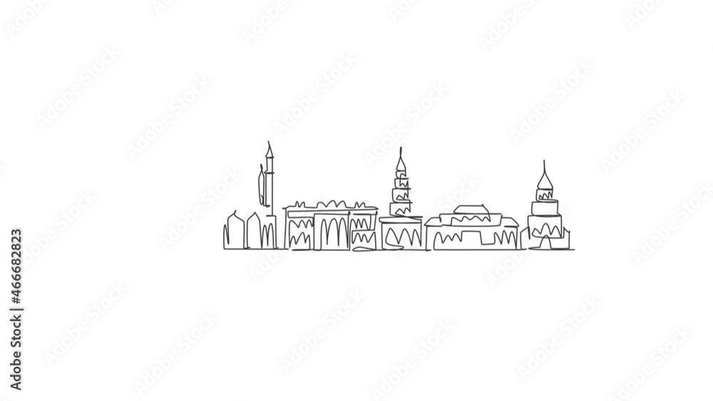 Animated self drawing of one continuous line draw Kazan skyline, Russia. Beautiful landmark home decor wall art poster print. World landscape tourism travel vacation. Full length single line animation Animated self drawing of one continuous line draw Kazan skyline, Russia. Beautiful landmark home decor wall art poster print. World landscape tourism travel vacation. Full length single line animation