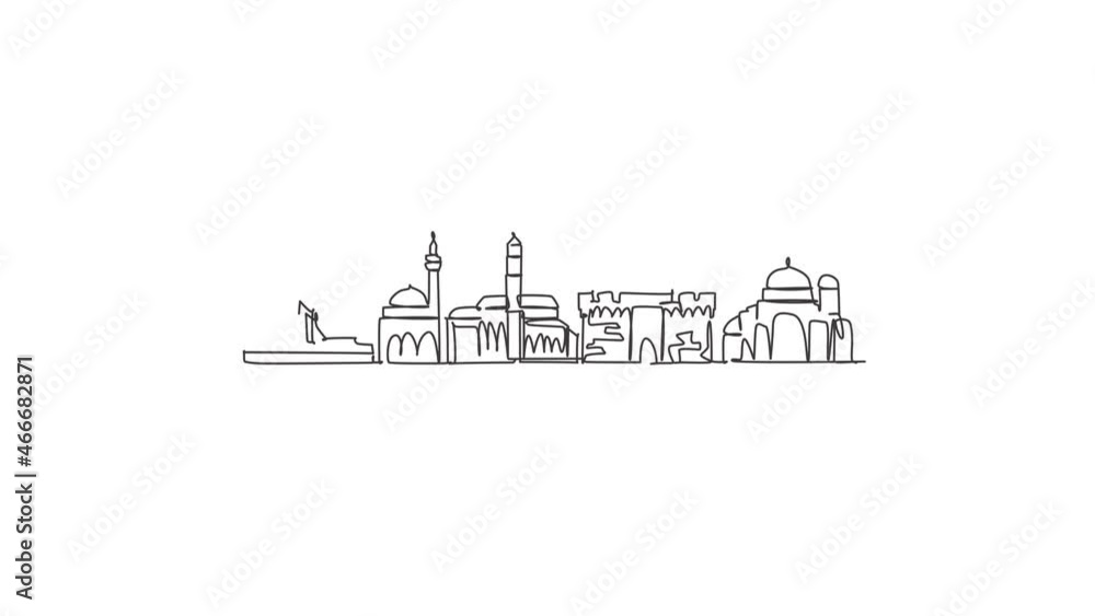 Animated self drawing of continuous line draw Pristina skyline, Kosovo. Famous city scraper landscape. World travel destination wall home decor poster print concept. Full length one line animation. Animated self drawing of continuous line draw Pristina skyline, Kosovo. Famous city scraper landscape. World travel destination wall home decor poster print concept. Full length one line animation.