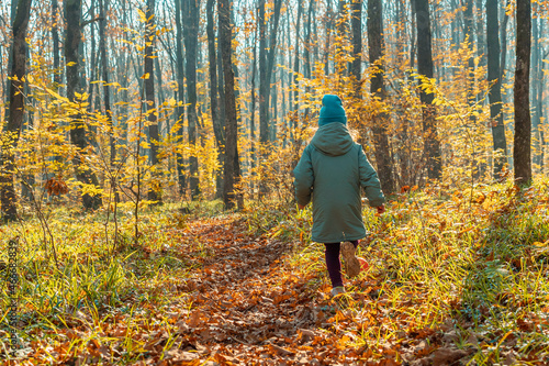 A girl child in a jacket and cap is running through the autumn forest. View from the back. In the background is green grass, yellow leaves and tree trunks. The concept of a happy childhood. © VeNN