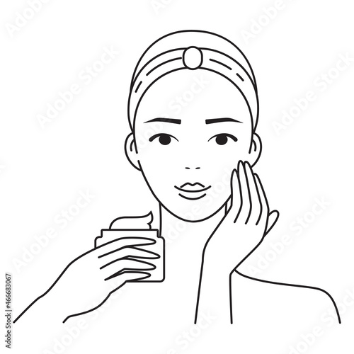 How to apply cream icon. Daily skincare routine. Anti-age, wrinkles treatment. Skin moisturizing. Vector illustration of woman taking care of her face. Visual instruction