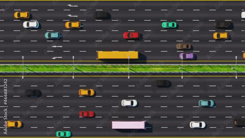 Road Traffic Top View. Colorful Cars Move On The Wide Road. Seamless Loop Road Traffic Top View. Colorful Cars Move On The Wide Road. Seamless Loop