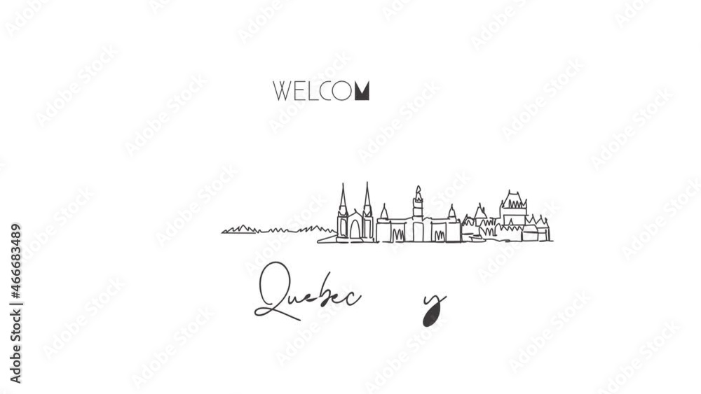 Animated self drawing of single continuous line draw Quebec skyline, Canada. Famous city scraper landscape. World travel destination postcard print concept. Editable full length one line animation. Animated self drawing of single continuous line draw Quebec skyline, Canada. Famous city scraper landscape. World travel destination postcard print concept. Editable full length one line animation.