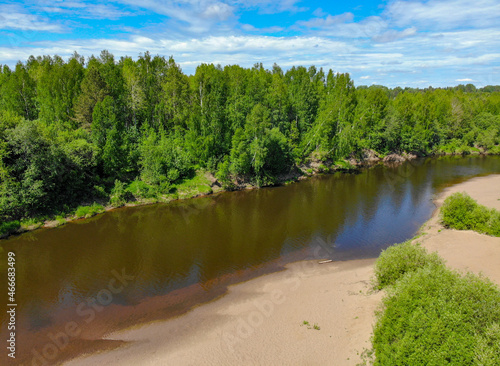 Aerial view of the Velikaya river and forest  Yurya  Kirov region  Russia 