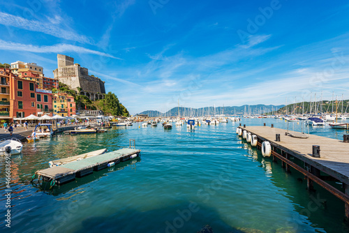 Ancient Castle of Lerici town  1152-1555  and the port with many boats moored. Tourist resort on the coast of the Gulf of La Spezia  Mediterranean sea  Ligurian Sea   Liguria  Italy  Europe.