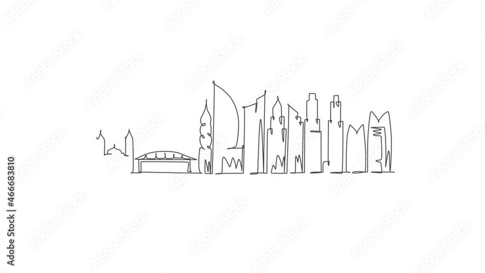 Animated self drawing of continuous line draw Panama city skyline, Panama. Famous city scraper landscape. World travel destination concept wall decor poster print art. Full length one line animation. Animated self drawing of continuous line draw Panama city skyline, Panama. Famous city scraper landscape. World travel destination concept wall decor poster print art. Full length one line animation.