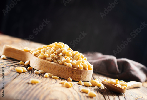 Pine nuts (cedar nuts). Delicious siberian product with nice taste and hale. Top view.