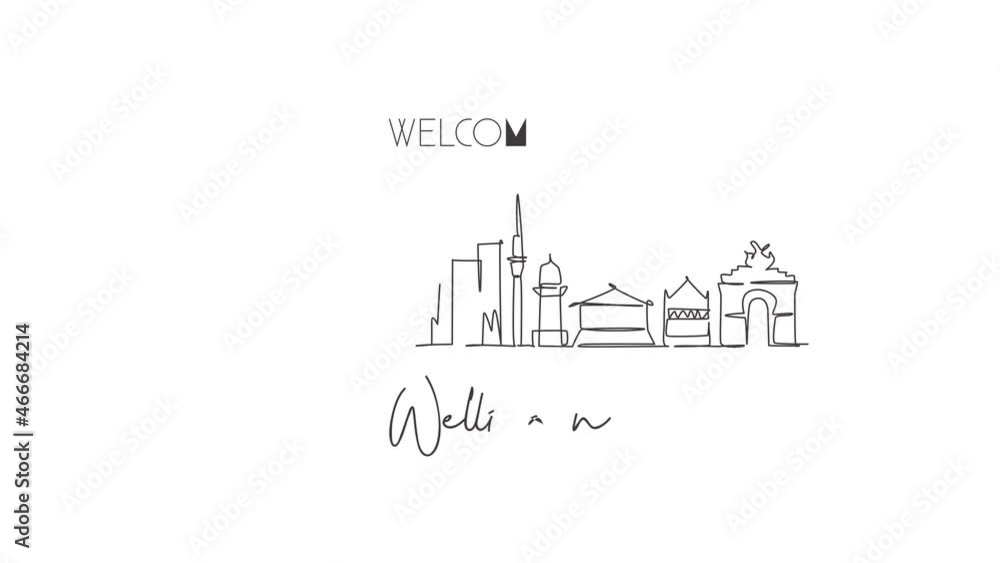 Animated self drawing of continuous line draw Wellington city skyline New Zaeland. Beautiful landmark home wall decor poster. World landscape tourism travel vacation. Full length single line animation Animated self drawing of continuous line draw Wellington city skyline New Zaeland. Beautiful landmark home wall decor poster. World landscape tourism travel vacation. Full length single line animation