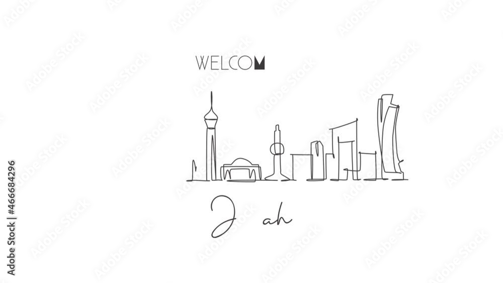 Animated self drawing of one continuous line draw Jeddah city skyline, Saudi Arabia. Beautiful landmark postcard print. World landscape tourism travel vacation. Full length single line animation. Animated self drawing of one continuous line draw Jeddah city skyline, Saudi Arabia. Beautiful landmark postcard print. World landscape tourism travel vacation. Full length single line animation.