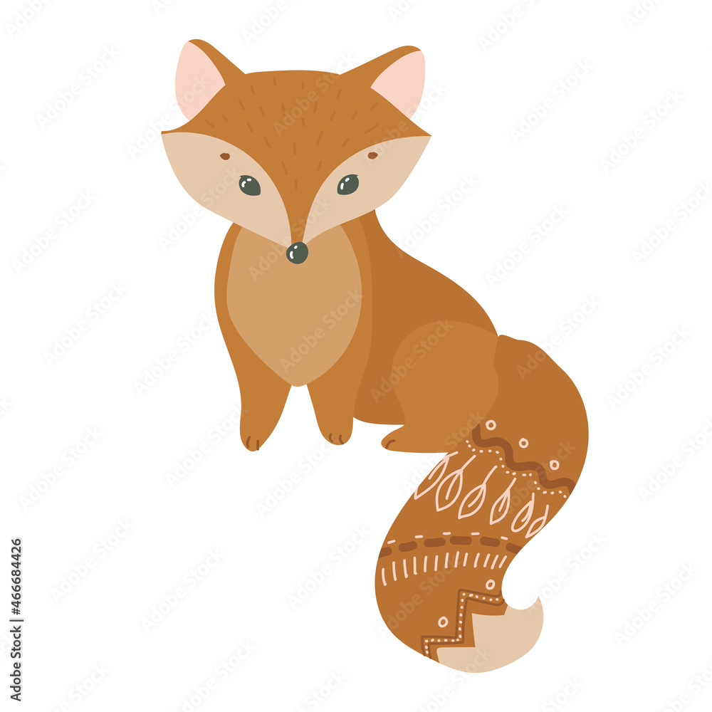 Fototapeta premium Cute fox in boho style. Simple decor for a festive Christmas and New Years. Vector illustration isolated on white background.