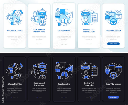 Driving school benefits dark, light onboarding mobile app page screen. Walkthrough 5 steps graphic instructions with concepts. UI, UX, GUI vector template with linear night and day mode illustrations