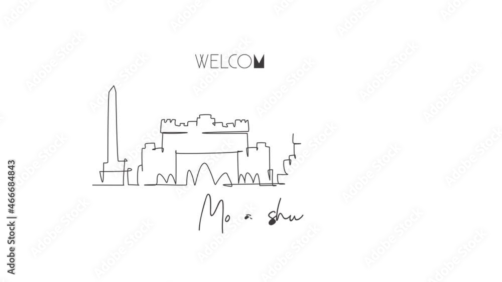 Animation of one line drawing city Mogadishu skyline, Somalia. Historical place landscape in world. Best holiday destination postcard. Editable continuous line self draw animated. Full length motion. Animation of one line drawing city Mogadishu skyline, Somalia. Historical place landscape in world. Best holiday destination postcard. Editable continuous line self draw animated. Full length motion.
