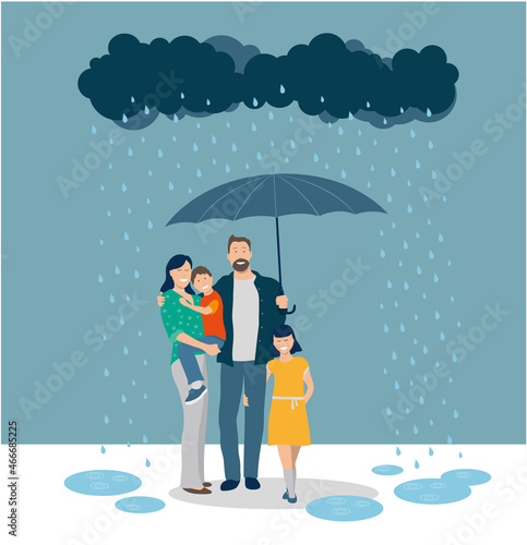 concept de famille heureuse protégée par un parapluie. Ils sont souriants et la vie est belle malgré la pluie et les ennuis