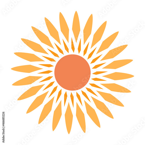 Sun with warm orange rays of light in the shape of a flower stock illustration