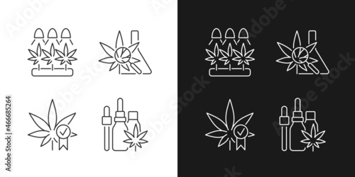 Cannabis growing linear icons set for dark and light mode. Medical research. Quality certification. Hemp oil. Customizable thin line symbols. Isolated vector outline illustrations. Editable stroke