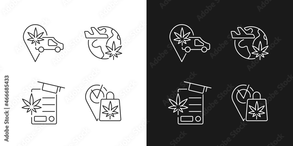 Worldwide cannabis industry linear icons set for dark and light mode. Marijuana transportation. Travel industry. Customizable thin line symbols. Isolated vector outline illustrations. Editable stroke
