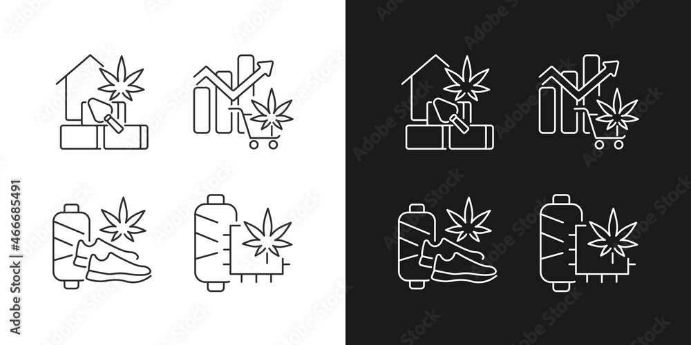 Cannabis products linear icons set for dark and light mode. Hempcrete material. Global legal marijuana market. Customizable thin line symbols. Isolated vector outline illustrations. Editable stroke