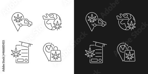 Worldwide cannabis industry linear icons set for dark and light mode. Marijuana transportation. Travel industry. Customizable thin line symbols. Isolated vector outline illustrations. Editable stroke