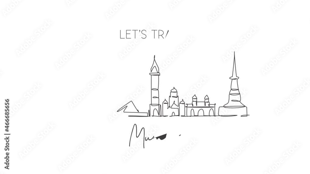 Animated self drawing of single continuous line draw Mumbai city skyline, India. Famous city scraper and landscape postcard. World travel concept. Editable full length one line animation illustration. Animated self drawing of single continuous line draw Mumbai city skyline, India. Famous city scraper and landscape postcard. World travel concept. Editable full length one line animation illustration.