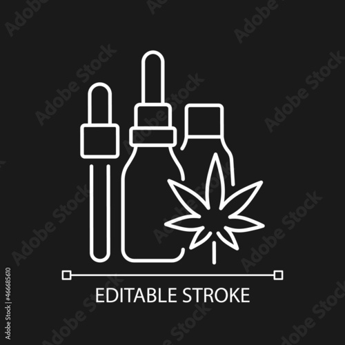 Hemp oil tincture white linear icon for dark theme. Marijuana extract. Medicinal cannabis. Thin line customizable illustration. Isolated vector contour symbol for night mode. Editable stroke