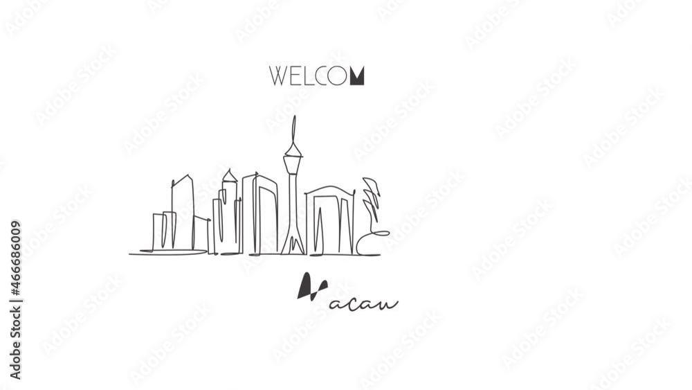 Animation of one single line drawing of Macau city skyline, China. Historical town landscape in the world. Best holiday destination. Editable continuous line self draw animated. Full length motion. Animation of one single line drawing of Macau city skyline, China. Historical town landscape in the world. Best holiday destination. Editable continuous line self draw animated. Full length motion.