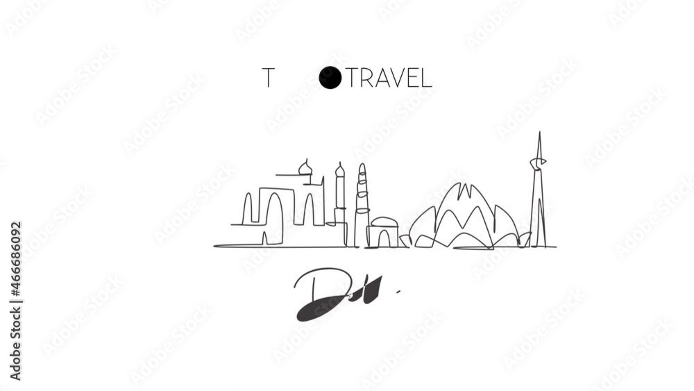 Animated self drawing of continuous line draw Delhi skyline, India. Famous city scraper landscape home wall decor art poster print. World travel concept. Full length one line animation illustration. Animated self drawing of continuous line draw Delhi skyline, India. Famous city scraper landscape home wall decor art poster print. World travel concept. Full length one line animation illustration.