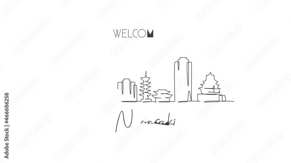 Animated self drawing of one continuous line draw Nagasaki city skyline, Japan. Beautiful landmark. World landscape tourism travel home decor wall art poster print. Full length single line animation. Animated self drawing of one continuous line draw Nagasaki city skyline, Japan. Beautiful landmark. World landscape tourism travel home decor wall art poster print. Full length single line animation.