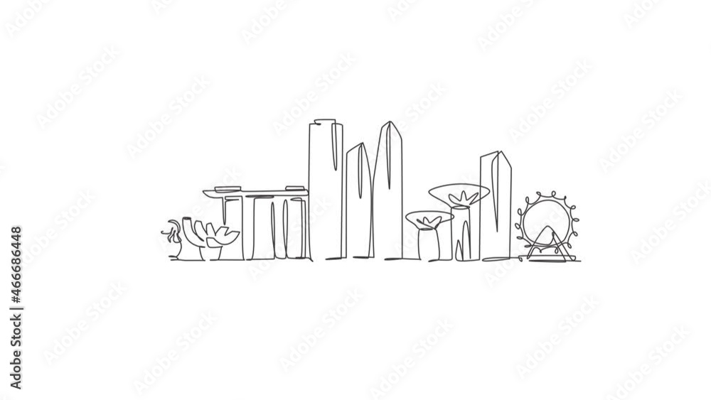 Animated self drawing of one continuous line draw Singapore city skyline. Beautiful landmark. World landscape tourism and travel vacation poster print. Editable full length single line animation. Animated self drawing of one continuous line draw Singapore city skyline. Beautiful landmark. World landscape tourism and travel vacation poster print. Editable full length single line animation.