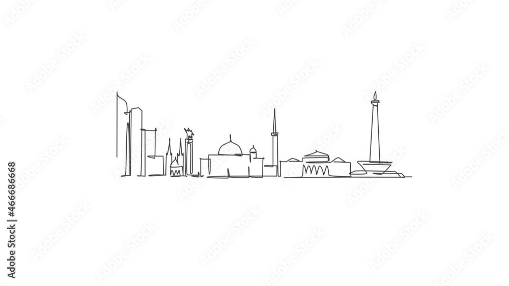 Animated self drawing of one continuous line draw Jakarta city skyline, Indonesia. Beautiful landmark. World landscape tourism travel vacation poster. Editable full length single line animation. Animated self drawing of one continuous line draw Jakarta city skyline, Indonesia. Beautiful landmark. World landscape tourism travel vacation poster. Editable full length single line animation.