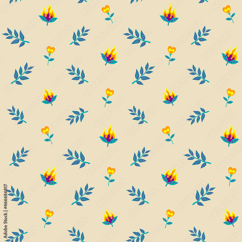 Seamless vector pattern with burning fantasy flowers and twigs with leaves on light beige background