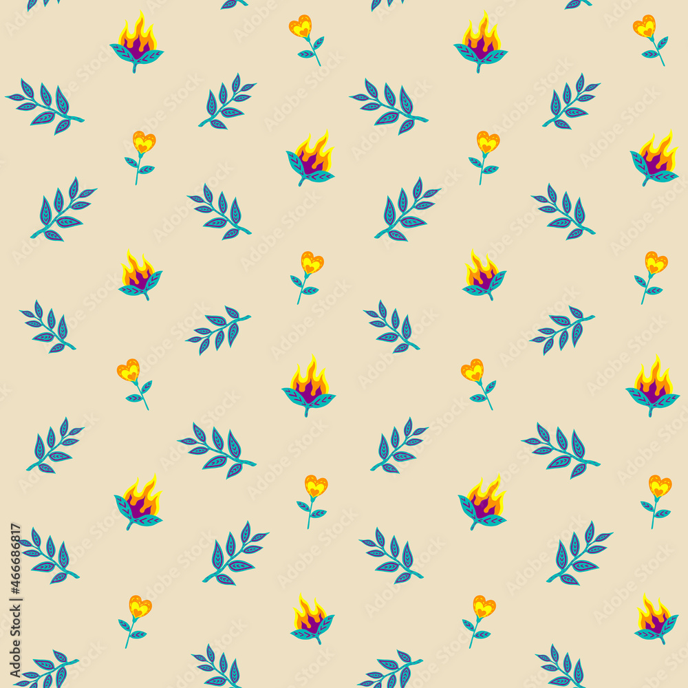 Seamless vector pattern with burning fantasy flowers and twigs with leaves on light beige background Seamless vector pattern with burning fantasy flowers and twigs with leaves on light beige background