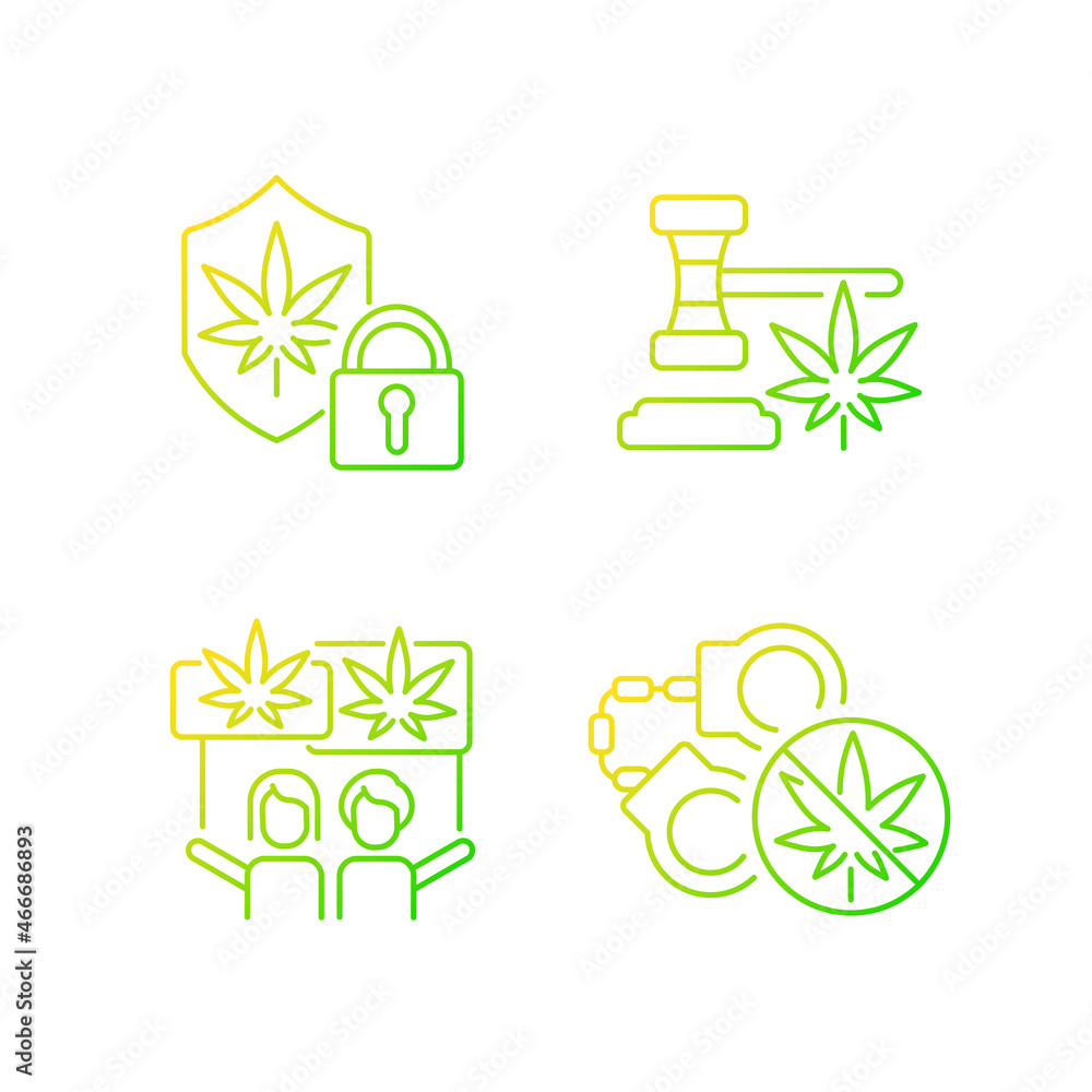 Obraz premium Legality of cannabis gradient linear vector icons set. Marijuana dispensaries protection. Legal drug use. Law violation. Thin line contour symbols bundle. Isolated outline illustrations collection