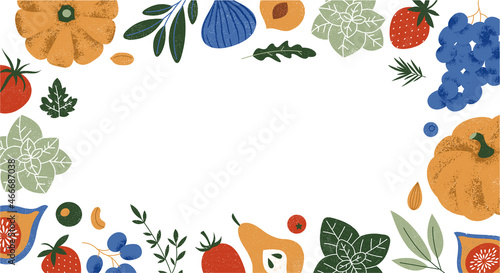 Various food elements on a white background. Free space for text. Cooking ingredients frame. Vector illustration
