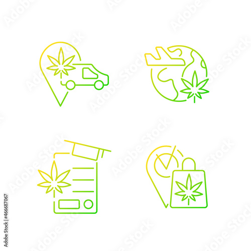 Worldwide cannabis industry gradient linear vector icons set. Marijuana transportation. Travel industry. Cannabis store. Thin line contour symbols bundle. Isolated outline illustrations collection