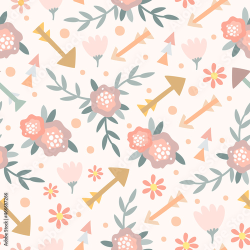 Pastel boho pattern with arrows and flowers. Delicate seamless pattern rustic style