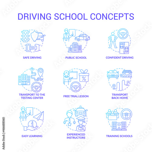 Driving school blue gradient concept icons set. Car riding education idea thin line color illustrations. Learning road signs and rules. Drivers license. Vector isolated outline drawings