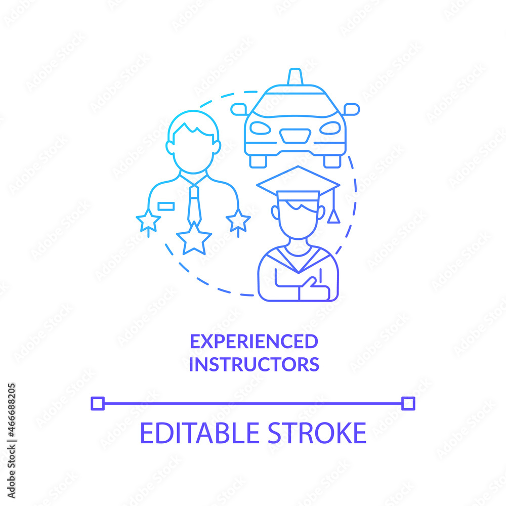 Experienced instructors blue gradient concept icon. Driving school abstract idea thin line illustration. Qualified tutor. Teaching students to drive car. Vector isolated outline color drawing Experienced instructors blue gradient concept icon. Driving school abstract idea thin line illustration. Qualified tutor. Teaching students to drive car. Vector isolated outline color drawing