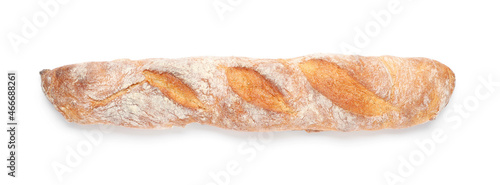 Crispy French baguette isolated on white, top view. Fresh bread
