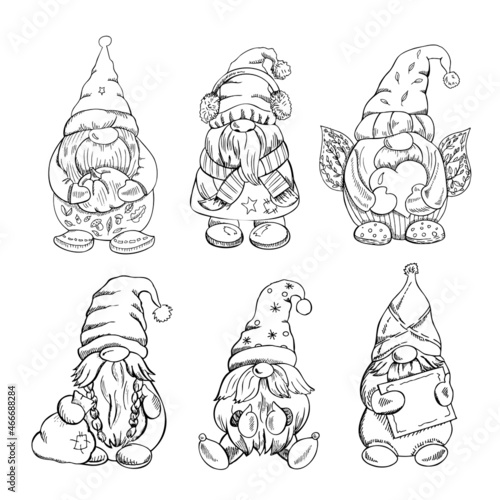 A set of hand-drawn gnomes for the New Year, Valentine's Day, Halloween. Vintage vector illustration. New Year, and Christmas illustration.  New Year, Valentine's Day, Halloween illustration.