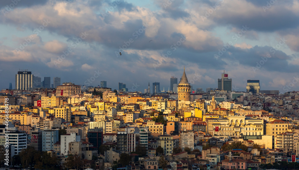 Istanbul, Turkey - October 29,  2021: Galata tower, seagulls and cityscape