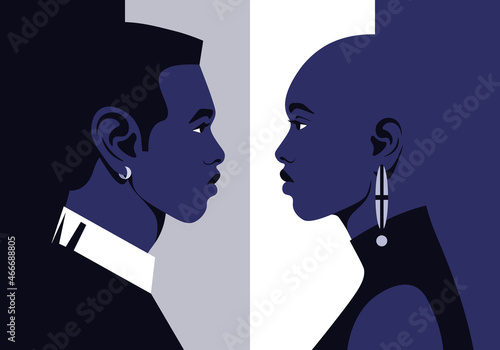 Profiles of African faces. Symbol of asexuality. The heads of woman and man on an asexual flag background. Date and love. LGBTQIA+ family. Vector flat illustration photo