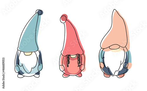 Little fairy-tale characters are gnomes. Collection of small garden gnomes, dwarfs from the cartoon. Vector illustration in a flat and linear style in delicate shades of pink and blue.