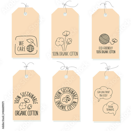 Sustainable fibers label, tag set with icon and sign for eco friendly, natural fabric product, clothing packaging. Vector stock illustration isolated on white background. 