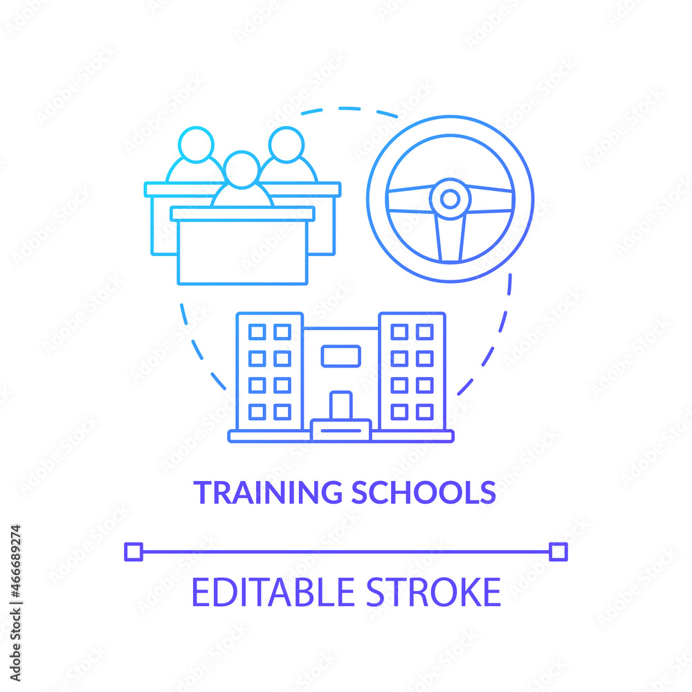Training schools blue gradient concept icon. Driving course for teens abstract idea thin line illustration. Teenager students. Road traffic rules. Vector isolated outline color drawing