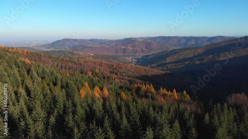 Smooth aerial fly above autumn forest in direction of mountain Zar Żar.	
