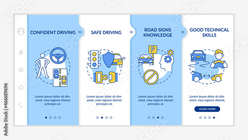 Driving education results onboarding vector template. Responsive mobile website with icons. Web page walkthrough 4 step screens. Becoming confident driver color concept with linear illustrations