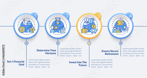 Pension planning vector infographic template. Financial goal setting presentation outline design elements. Data visualization with 4 steps. Process timeline info chart. Workflow layout with line icons