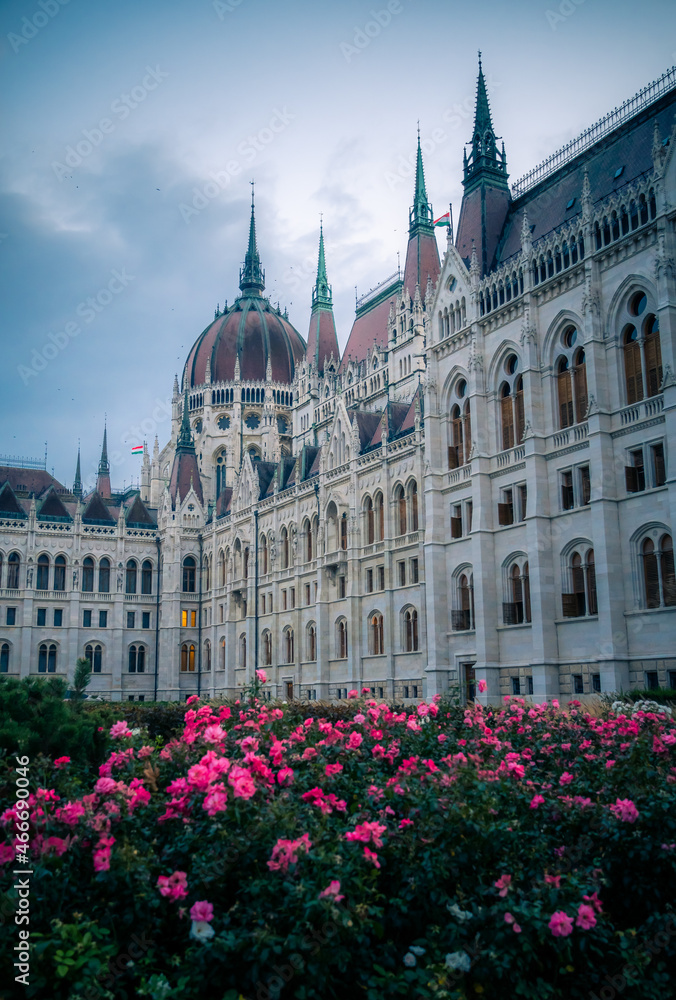 The historical gothic Hungarian Parliament building at a summer evening