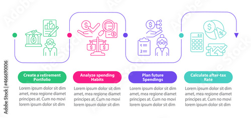 Saving for pension vector infographic template. Plan future exposes presentation outline design elements. Data visualization with 4 steps. Process timeline info chart. Workflow layout with line icons