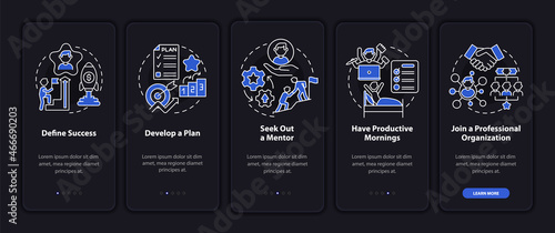 Productive work to develop career onboarding mobile app page screen. Success walkthrough 5 steps graphic instructions with concepts. UI, UX, GUI vector template with night mode illustrations