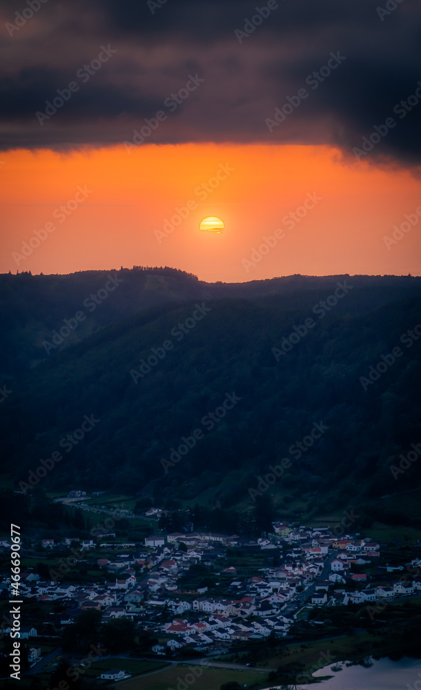Sunset at Sete Cidades, Azores, Portugal during hot summer day
